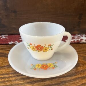 Vintage Anchor Hocking Fire King Milk Glass Floral Flower Tea Cup & Saucer Rare
